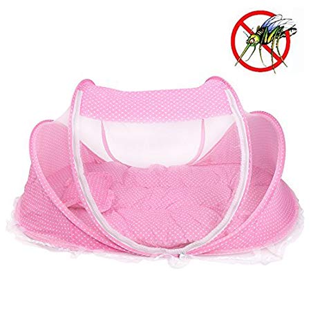 Foldable Baby Infant Pop-up Crib Cradle Anti-Bug Tent Mosquito Net With Mattress Pillow Portable Nursery Bed Crib Canopy Travel Beach Park Play Shades, Pink