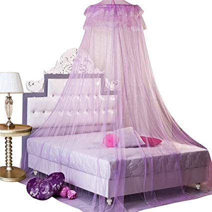 Didihou Mosquito Net Bed Canopy Universal Princess Dome Round Netting with Lace for Kids Bed Indoor Outdoor Playing Reading Tent, 59 by 79-Inch (Dome, Purple)
